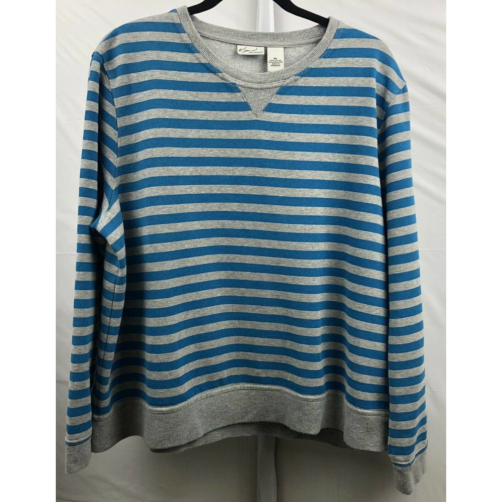 Kim Rogers Sweatshirt Women XL Teal Gray Stripe Cotton Long Sleeves Pullover Top